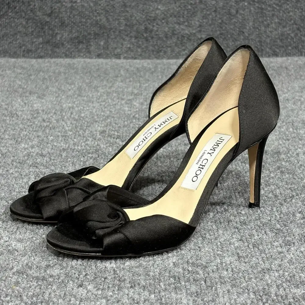 Jimmy Choo Shoes Womens 5.5 35.5 Black Satin D'Orsay Knotted Bow Heels Kitty 85